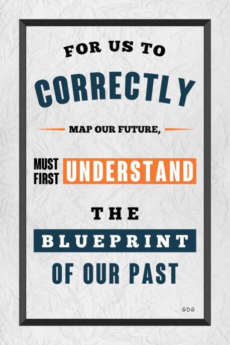 A poster with the words " map our future, must first understand the blueprint of our past ".