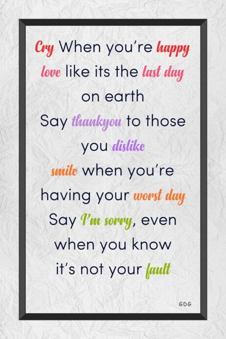 A poster with the words " sorry " written in different colors.