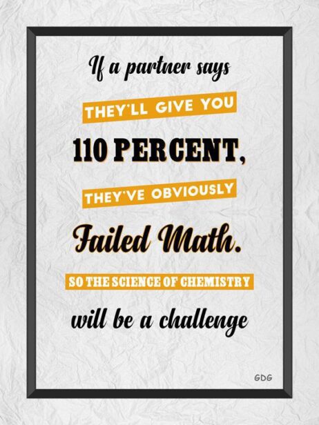 A poster with the words if a partner says they 'll give you 1 1 0 percent, they 've obviously failed math. So the science of