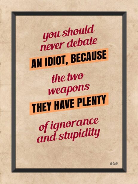 A poster with the words " you should never debate an idiot, because the two weapons they have plenty of ignorance and stupidity ".