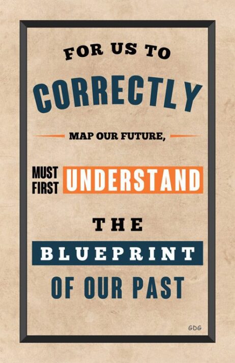 A poster with the words " map our future, must first understand the blueprint of our past ".