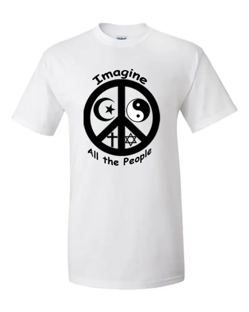 A white T-shirt that says Imagine at the peace.