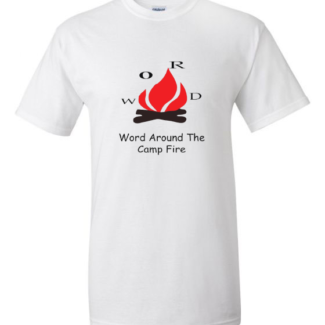 White t-shirt with "Word Around The Camp Fire" print featuring stylized text and a flame graphic.