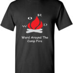 Black t-shirt with a campfire graphic and the product "Word Around The Camp Fire" printed on the front.