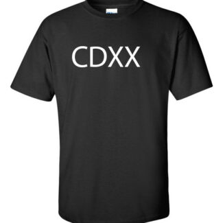 A black t-shirt with the word 4:20 Roman Numeral on it.